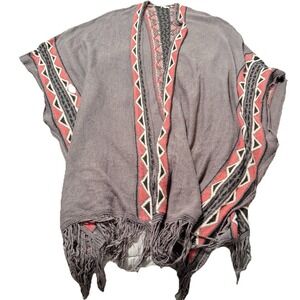 Charlotte Russe Open Front Poncho Sweater Wrap M/L Gray Fringe Boho Fall Layer